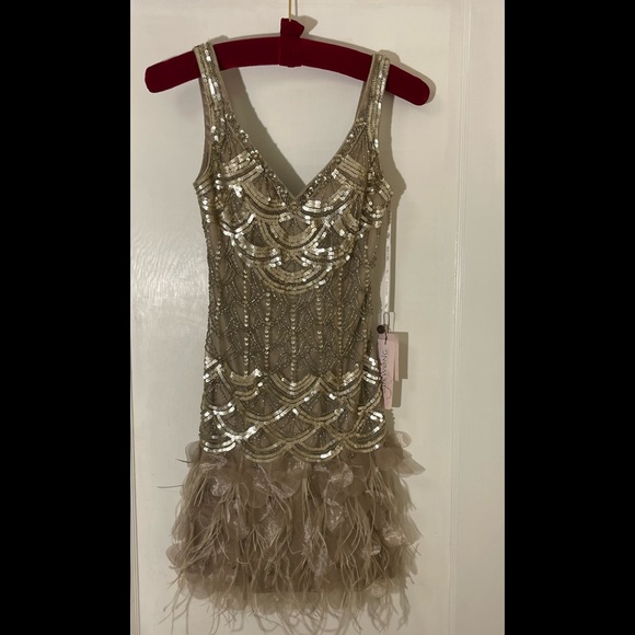Sue Wong Nocturne Flapper Embellished Cocktail Dress NWT. Sz 0, Gold and beige. - Picture 1 of 13